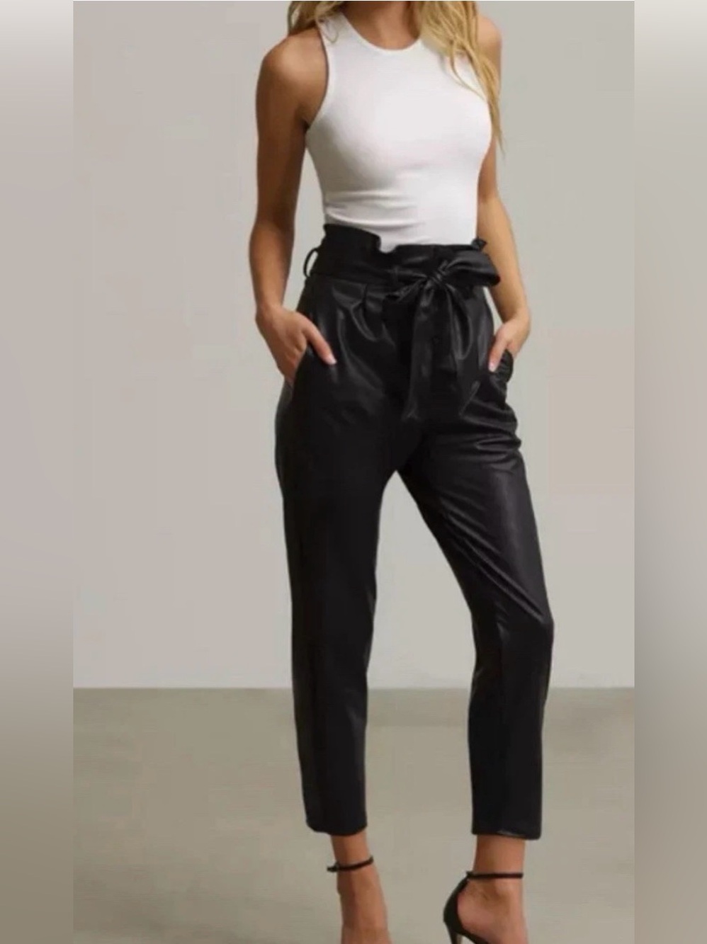 Commando Faux Leather Paperbag Waist Pants high rise straight leg black